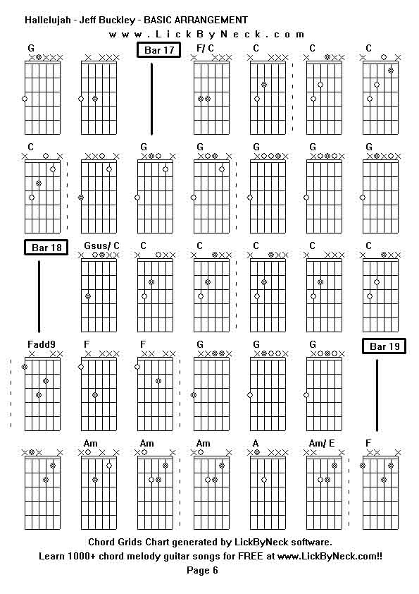 Chord Grids Chart of chord melody fingerstyle guitar song-Hallelujah - Jeff Buckley - BASIC ARRANGEMENT,generated by LickByNeck software.